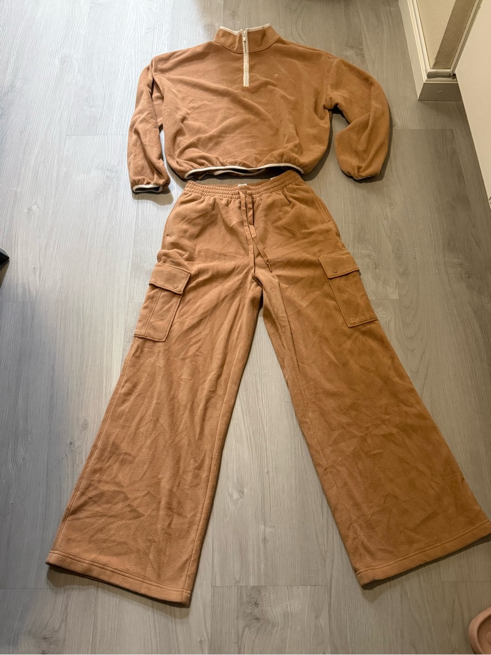 PINK Victoria's Secret Fleece Half Zip Pullover & Cargo Sweatpants Set Tan NWT